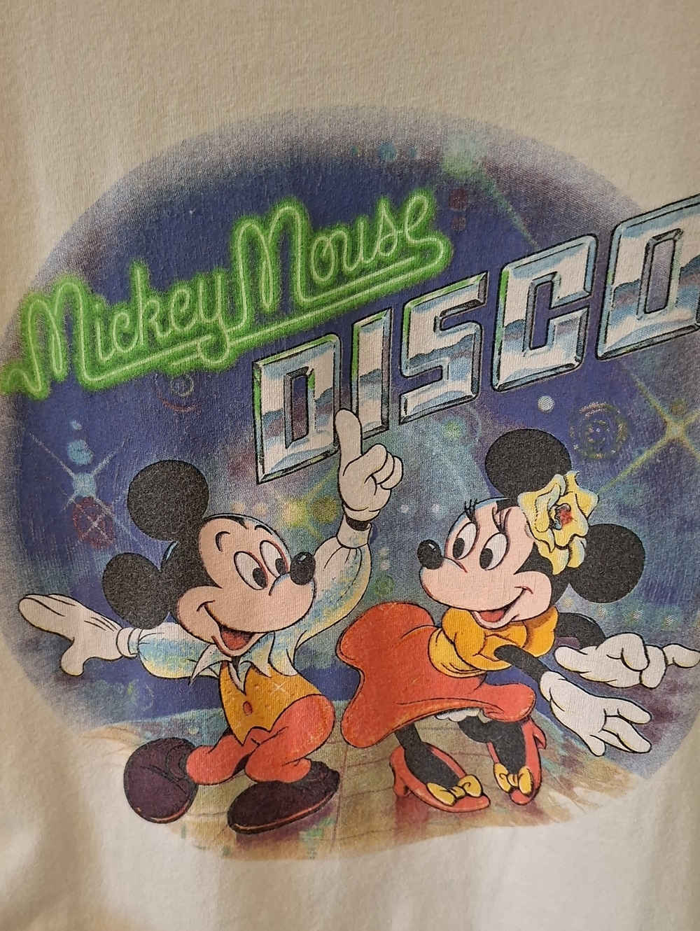 Vintage Disney "Mickey Mouse Disco" 100% Cotton Beige/Green Ringer Tee (Size S) - Picture 2 of 6